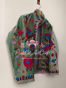 Premium Handcrafted Breathable <b>Quilted</b> Sage Green Velvet Kashmiri Crewel Full-Sleeve Embroidered Jacket <b>for</b> Women - Product Image 2