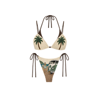 Bikini Wanita Berhias Manik-Manik dengan Motif Pantai dan Detail Tali Serut di Bagian Bawah, Kerah Halter, Grosir Bikini Wanita Musim Semi/Panas