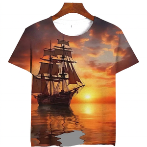Camiseta de Manga Corta para Hombre con Estampado de Barco al Atardecer, Cuello Redondo, Corte Regular Informal, Tejido de Tela - Product Image 5