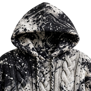 Black <b>White</b> Cable Knit <b>Hoodie</b> Paint Splatter Pattern Braided Drawstrings Kangaroo Pocket Ribbed Cuffs Streetwear Pullover Casual - Product Image 5