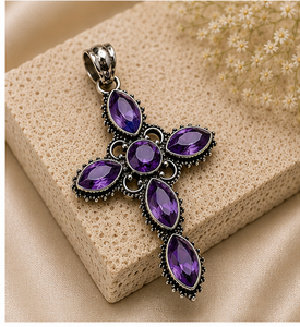 Natural Amethyst Cross Pendant, Sterling <b>Silver</b> Cross Necklace, Faceted Purple Amethyst Jewelry, February Birthstone Pendant, Re - Product Image 1