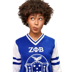 ZΦB Zeta Phi Beta Chenille & Embroidery V-Neck Sweaters Full Sleeve Knitted Pullover Blue White Logo Front - Product Image 2