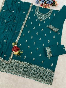 Ensemble Salwar en coton brodé vert sarcelle pour femme avec dupatta, tenue décontractée traditionnelle indienne et pakistanaise, coupe ample, longueur cheville - Product Image 3