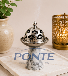 Natural White Marble Incense Burner with Laser-Cut Metal Lid Traditional Arabic Bakhoor Censer And Loban Burner For Home <b>Decor</b> - Product Image 2