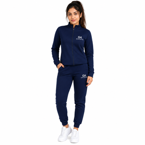 <b>Womens</b> <b>Navy</b> <b>Blue</b> Hooded Fleece Tracksuit Set Full Zip Jacket <b>Jogger</b> Pants Athletic Sportswear Gym Training Workout Suit - Product Image 1