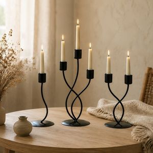 Candélabre minimaliste en métal torsadé noir avec revêtement poudré, 2 lumières, pour bougies coniques, idéal pour la décoration de table de mariage et de la maison - Product Image 6