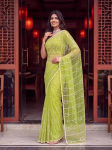 Sari ethnique vert en filet pour femme Pryosha Enterprise, broderie de perles, pour fêtes/mariages, avec chemisier, longueur standard - Product Image 3