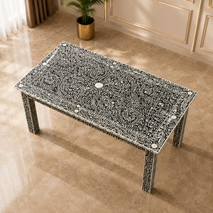 Table à manger rectangulaire en bois noire à motifs floraux, mobilier traditionnel pour la salle à manger à domicile - Product Image 5