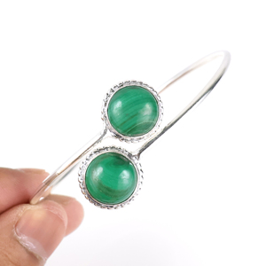 Top Natural Malachite Two-<b>Stone</b> Round Bangle <b>Bracelet</b> - 925 Sterling Silver Plated Adjustable Open Cuff Jewelry for Wholesale - Product Image 1