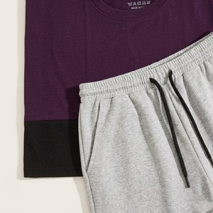 Wholesale Custom Men's Purple Gray <b>T</b> <b>Shirt</b> And Shorts Set Casual Summer Color Block Two Piece Outfit Crew Neck Lounge Sportswear - Product Image 6