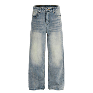 Jean large en denim slub style vintage américain pour hommes et femmes, taille haute, délavage clair, respirant, mélange élasthanne/coton, coupe ample - Product Image 2