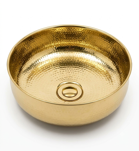 Lavabo Redondo Profundo de Latón Martillado, Lavabo de Lujo con Acabado Dorado Brillante para Encimera, Lavabo para Baño, Hotel, Villa, Artículos Sanitarios - Product Image 1