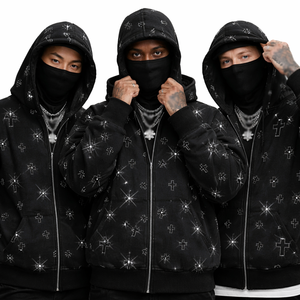 Sudadera con capucha y cremallera cruzada con pedrería para hombre, de forro polar grueso, estilo urbano, con capucha tipo máscara, personalizable, al por mayor, 100% algodón - Product Image 6