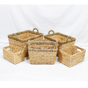 Best Selling Simple Eco-Friendly Water Hyacinth <b>Rectangular</b> Woven <b>Storage</b> <b>Basket</b> Set with Handles for Laundry - Product Image 4