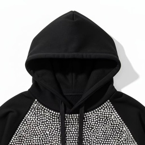 Sweat-shirt à capuche surdimensionné pour homme, orné de strass, manches raglan, tricoté, vêtements d'hiver, couleur unie, noir - Product Image 3