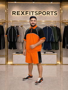 REXFIT SPORTS 2026 – Ensemble de survêtement homme orange et noir, veste à manches courtes et short, personnalisable, deux pièces, sportswear streetwear – Vente en gros - Product Image 2