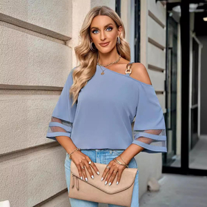 2026 <b>Women's</b> Sexy Casual Satin Blouse <b>Mesh</b> Panel Off-Shoulder Slim Fit Breathable Eco-Friendly <b>Top</b> Party Clubwear Metal Buttons - Product Image 5