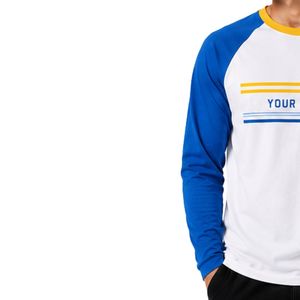 <b>White</b> And Royal Blue Raglan Long Sleeve T Shirt Men Premium Cotton Crew Neck Casual Graphic Baseball Tee Yellow Trim Custom OEM - Product Image 3