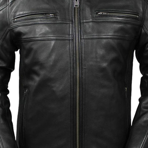 <b>Men's</b> Genuine <b>Leather</b> Slim Breathable Cotton Filled Moto Biker <b>Jacket</b> Mandarin Collar Waterproof Zipper Closure Winter Front - Product Image 3
