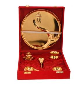 Indian Gold Plated Traditional Pooja Thali Set With Royal Velvet Box Handicraft for Pooja Decor Thali <b>Wedding</b> <b>Favour</b> - Product Image 3
