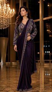 <b>Maroon</b> Embroidered Floral Print <b>Bridesmaid</b> Saree with V-Neck Crop Top Long Sleeve Satin Sheath <b>Dress</b> Floor-Length Classic Style - Product Image 2