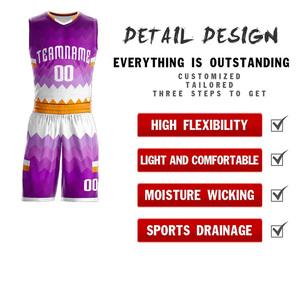 Custom Basketball Uniforms Sublimated Purple <b>White</b> Geometric Pattern V-Neck Sleeveless Jersey And Shorts Unisex Athletic Wear - Product Image 4