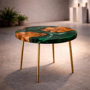 Emerald Green <b>Epoxy</b> River <b>Coffee</b> <b>Table</b> With Natural Wood Inlay And Gold Hairpin Legs Handmade Modern Accent Furniture - Product Image 1