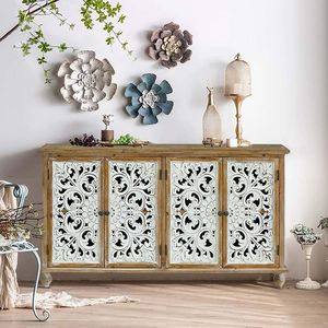 Credenza Moderna Stile Fattoria con 4 Ante, Mobile Buffet in Legno Intagliato per Soggiorno - Product Image 1