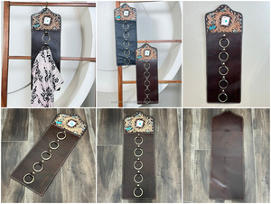Porte-écharpe en cuir artisanal 2026 avec motif floral turquoise, en cuir de vachette, avec anneau métallique, pour fixation murale - Product Image 3