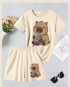 Beige Girls Casual 2Pcs Set Short Sleeve T-Shirt Print Solid Color Elastic Waist Shorts Comfortable Pajamas Summer Outfit - Product Image 1