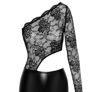Robe de soirée moulante sexy à manches longues et taille haute, avec haut asymétrique en dentelle et jupe midi en similicuir noir uni - Product Image 5