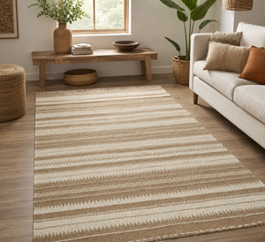 Hand Woven Jute Rug Natural Beige Striped Flat Weave Area Rug Boho Farmhouse Rustic Living Room Bedroom Floor Decor - Product Image 1