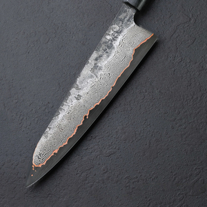 Cuchillo de cocina premium hecho a mano con patrón de cobre damasco y mango de madera estabilizada para acampar y cocinar en viajes. - Product Image 3