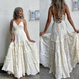 Vestido Maxi Boho sin Espalda con Cuello Halter, Cintura Natural, Casual de Verano, Tipo Bola, 100% Algodón Ecológico Transpirable, Escote en V Profundo - Product Image 3