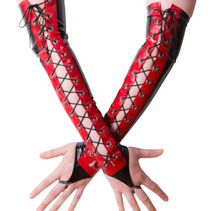 Red PU Opera-Length <b>Gloves</b> With Lace-Up Design Punk Style Unlined for Party Wear - Product Image 6