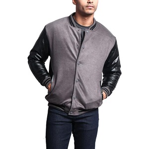 Veste universitaire grise pour homme avec manches en cuir PU, col rabattu, simple boutonnage, style décontracté pour l'automne - Product Image 3