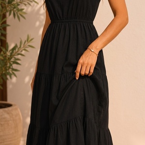 Vestido Midi con Tirantes Finos y Volantes, Cintura Elástica, Corte A, Casual, Verano, Transpirable, Tejido, Color Sólido, Ajuste Relajado - Product Image 6