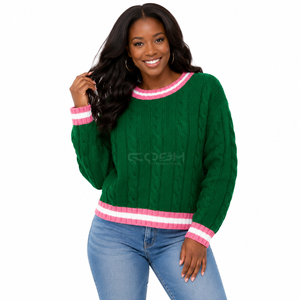 Cardigan à col rond en tricot vert personnalisé avec logo de la sororité Cosh International Sisterhood, manches longues, ourlet rayé contrastant - Product Image 1