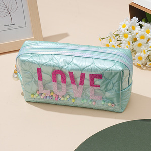 Lovely Purple PU Cosmetic <b>Case</b> With LOVE Letter Design And Beads Zipper Closure Medium Size Portable <b>Makeup</b> Bag - Product Image 3