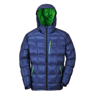 Veste matelassée à capuche bleue pour homme avec doublure verte, coupe-vent, hiver, décontractée, logo sur le devant, rembourrage en polyester, fermeture éclair - Product Image 1