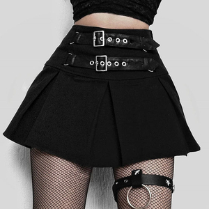 Minifalda plisada de cintura alta para mujer con doble hebilla de cinturón, estilo punk, color negro sólido, para todas las estaciones - Product Image 2