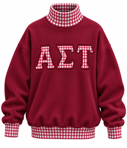 เสื้อสเวตเชิ้ตผู้หญิง Alpha Sigma Tau สีแดงเลือดหมู ผ้าฟลีซโพลีเอสเตอร์ คอตั้ง สีแดงขาวล้วน แบบสวม ทรงฤดูใบไม้ร่วง - Product Image 1