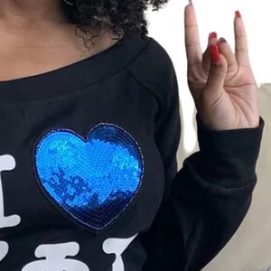 Zeta Phi Beta Off Shoulder Shirt Women Black Long Sleeve <b>Sequin</b> Heart Graphic Casual Sorority Stylish Fashion <b>Top</b> - Product Image 3