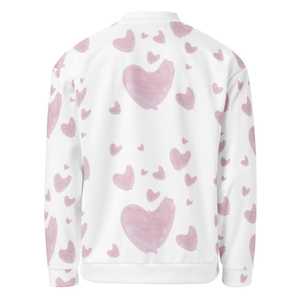 <b>White</b> Bomber <b>Jacket</b> With Pink Heart Print Unisex Casual Spring Cotton Pullover <b>Jacket</b> Regular Fit Turn-down Collar - Product Image 1