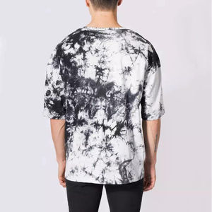 New Design <b>Tie</b>-Dye Short Sleeve O-Neck T-Shirt Oversized Knitted Casual Wear <b>Black</b> White Patterned Regular Fit - Product Image 3