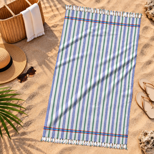 Serviettes de plage personnalisées, grande taille, coton turc, design rayé multicolore avec franges, serviette de plage Kikoy, exportateur indien. - Product Image 5