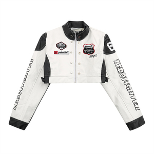 Firstly Women's Moto <b>Jacket</b> <b>White</b> Black Contrast Cropped Biker Style Zipper Closure Turn-down Collar Autumn Wear - Product Image 1