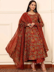 <b>Women</b> Floral Print Anarkali <b>Kurta</b> Set Dupatta Traditional Indian Pakistani Wedding Wear Knee-Length Regular Fit Rayon Quick Dry - Product Image 3
