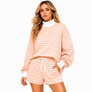 Conjunto de Pantalón Corto y Top de Cuello Alto a Rayas de Gran Tamaño, de Alta Calidad, de Manga Larga, Tejido de Algodón, Transpirable, Estilo Hombros Caídos, para Otoño - Product Image 2
