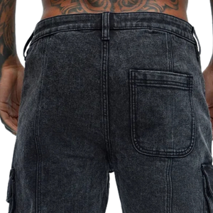 Pantalones Vaqueros Cargo Negros para Hombre, Corte Recto, Multibolsillos, Estilo Utilitario, Lavado Vintage, Casual, Streetwear, 100% Algodón, con Botones - Product Image 4
